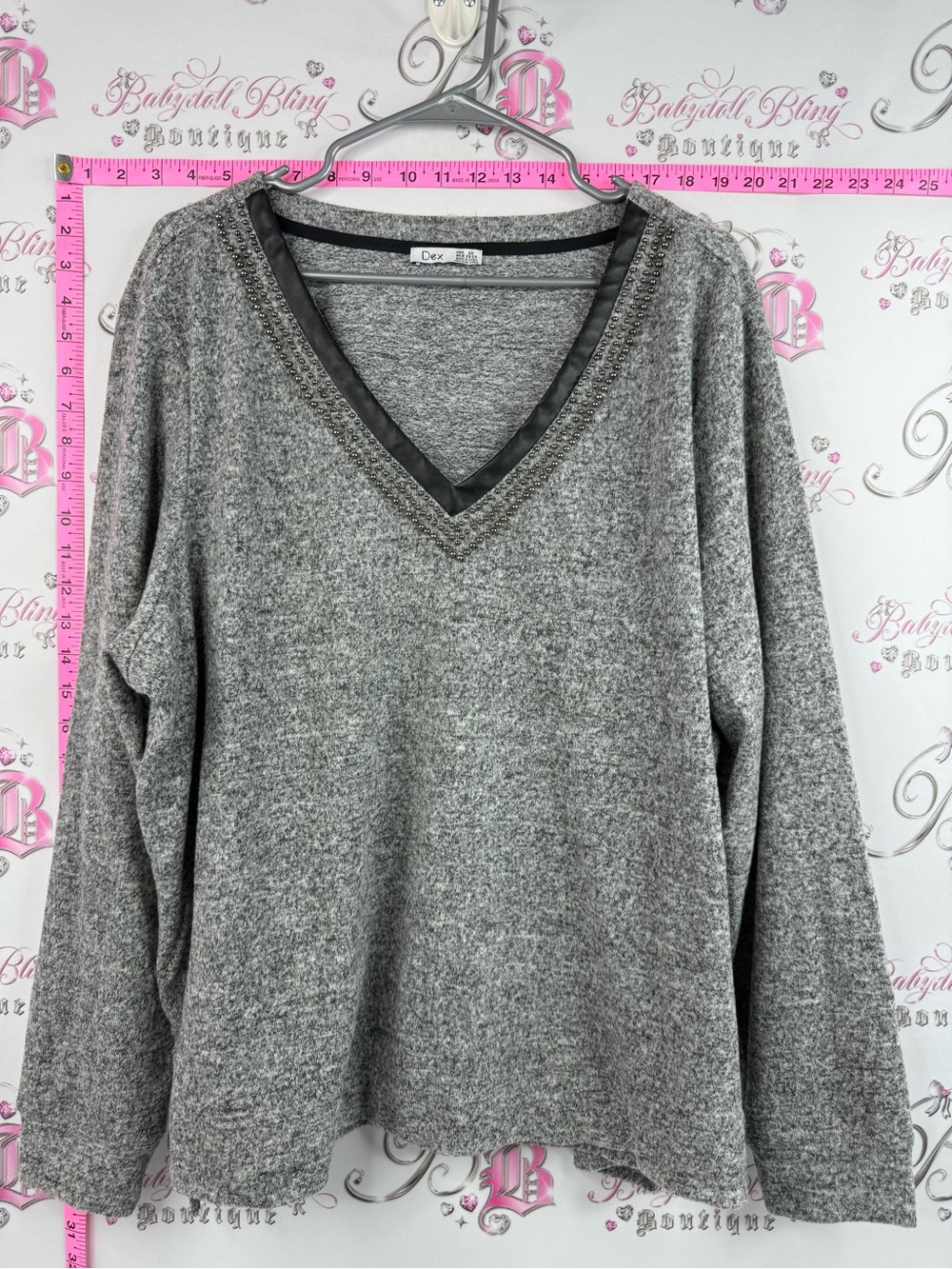 Dex long sleeve shirt studded Gray V-Neck Knit Sweater with Faux Leather Trim